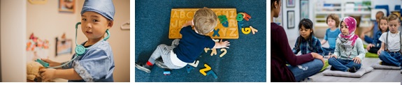Banner of children engaging in pretend play, doing a puzzle, and meditating. 